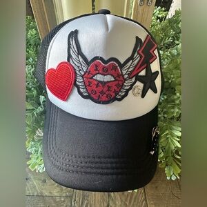 Boogie Fun L-V Trucker Hat Black/Red Patches Heart Star OS Adjustable